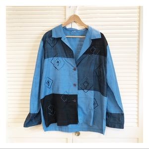 Vintage Blue Color Block Button Down Blouse